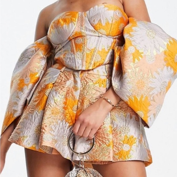 Pants - Floral Puff Sleeve Dress with Metallic Accents